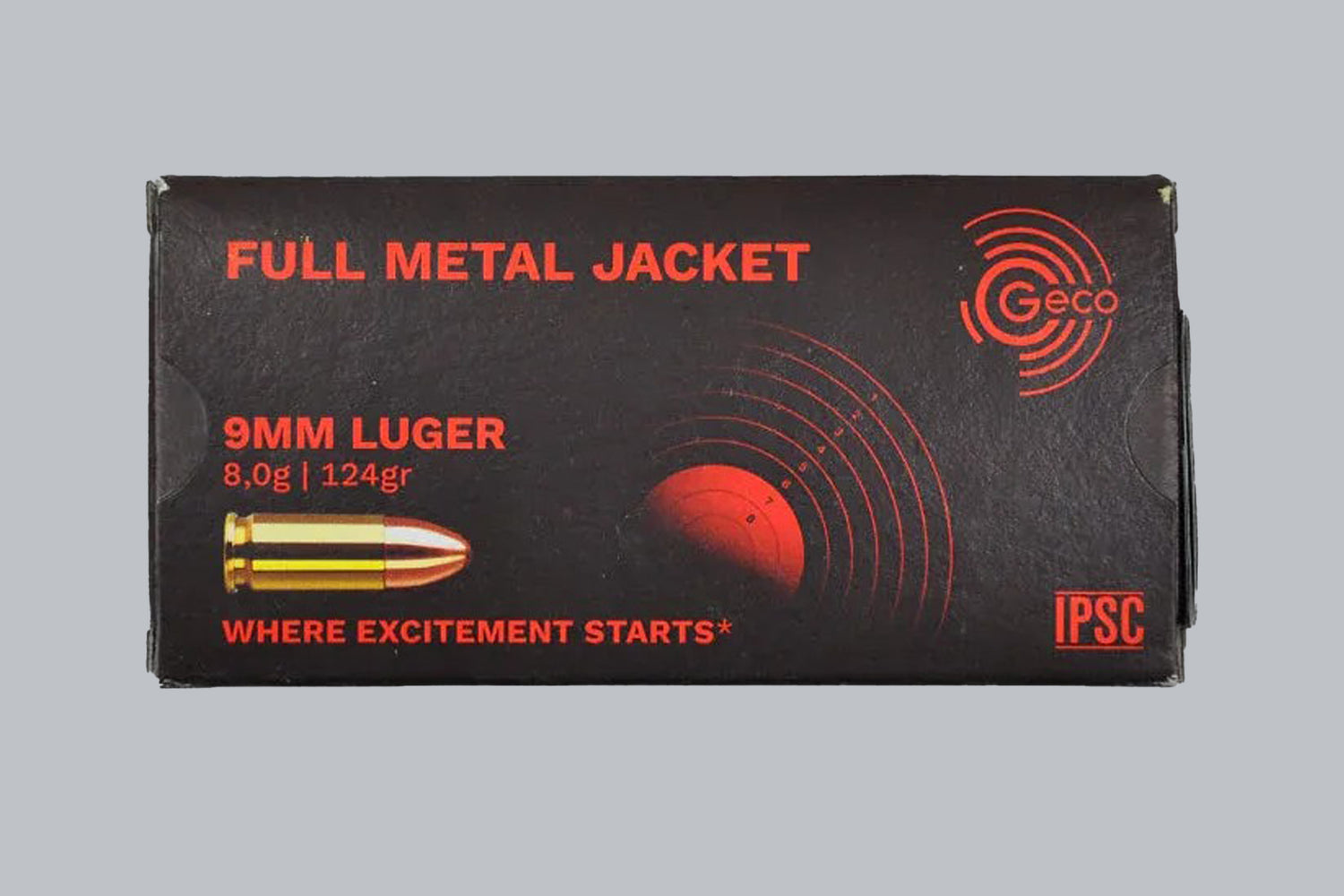 Munition Geco FMJ 9mm Luger 124gr Munition, 8,0g/124gr Geschossgewicht, 50 Patronen Inhalt.
